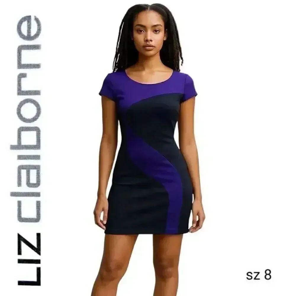 Liz Claiborne Purple Black Color Block Cap Sleeve Business Casual Sheath Dress